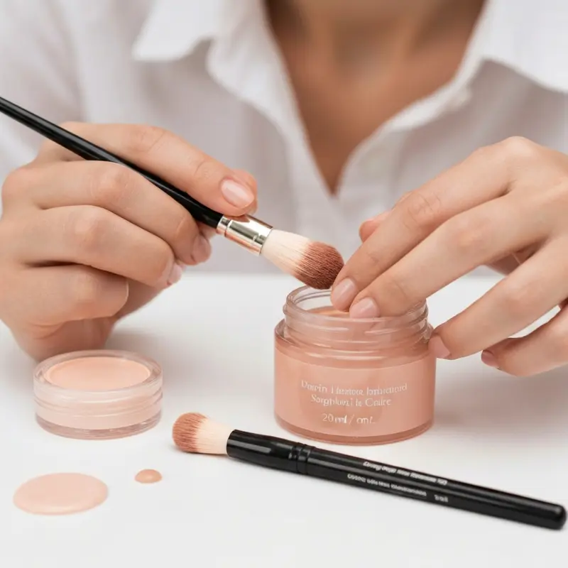 ידיים של אישה מניחות בעדינות סרום על פניה מול מראה מוארת, עם בקבוק סרום וצמחים ירוקים ברקע, מסמלת טיפוח מודע