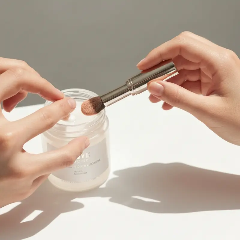 ידיים של אישה מרססות סטינג ספריי על פניה המאופרות, גימור איפור טבעי ורענן