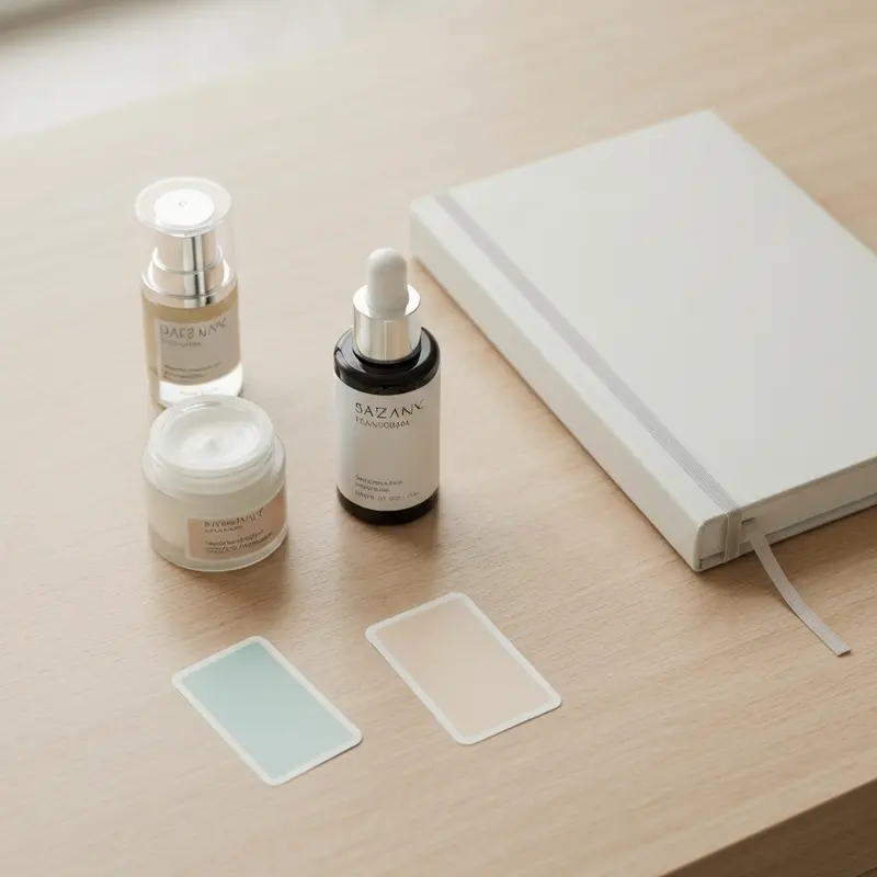 מוצרי טיפוח ומדבקות מעוצבות על שולחן מסודר