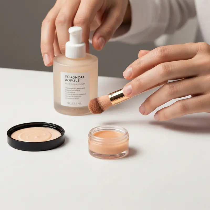 מוצרי טיפוח מגוונים המונחים על משטח שיש, מסודרים לפי שלבי מחזור