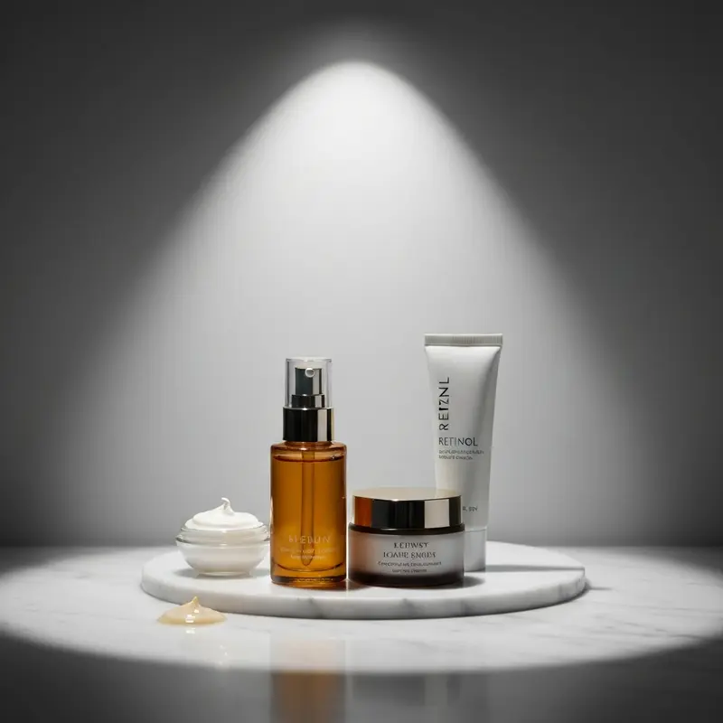 מוצרי טיפוח פנים מונחים על שיש אלגנטי, מדגישים סרום, קרם לחות ורטינול המיועדים לשגרת Skin Cycling.