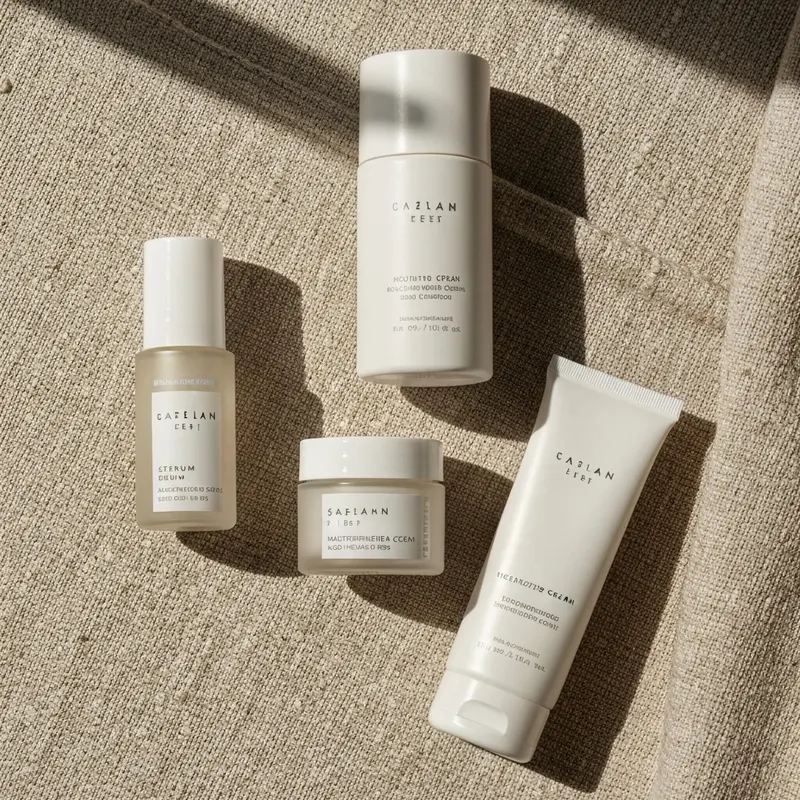 מוצרי טיפוח פנים מינימליסטיים על משטח בהיר