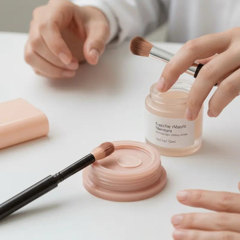 סרום ניאצינאמיד בבקבוקון זכוכית יוקרתי על רקע נקי, מוקף במוצרי טיפוח נוספים