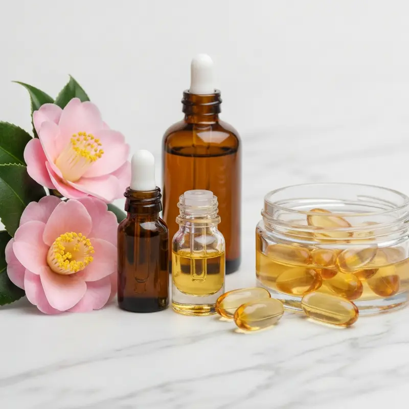 סרומים ובקבוקי ויטמינים המונחים לצד פרחי קאמליה עדינים, מסמלים טיפוח טבעי והזנה פנימית