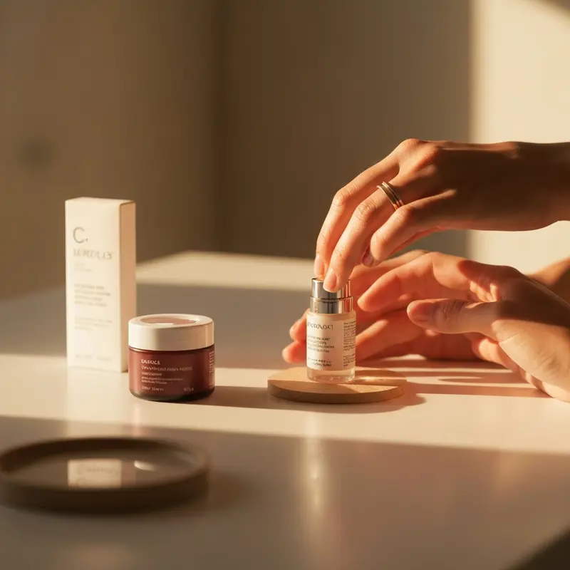 סרומים של ויטמין C וניאצינאמיד מונחים לצד פרחים עדינים