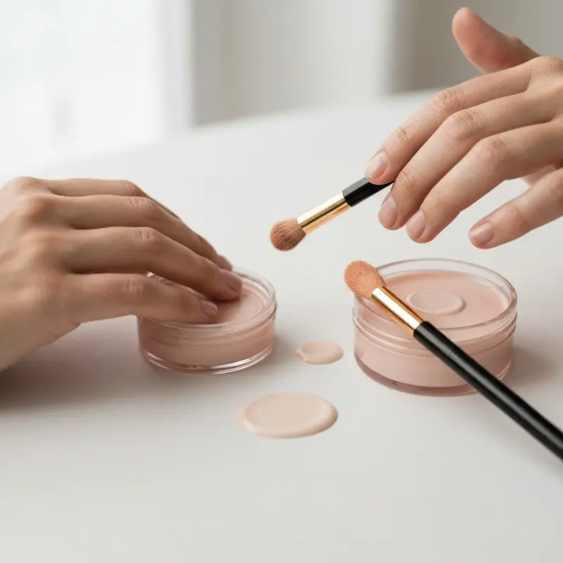 קלוז אפ על ידיים עדינות מערבבות רכיבים טבעיים בקערה קטנה, מדגיש את תהליך הכנת טיפוח ביתי