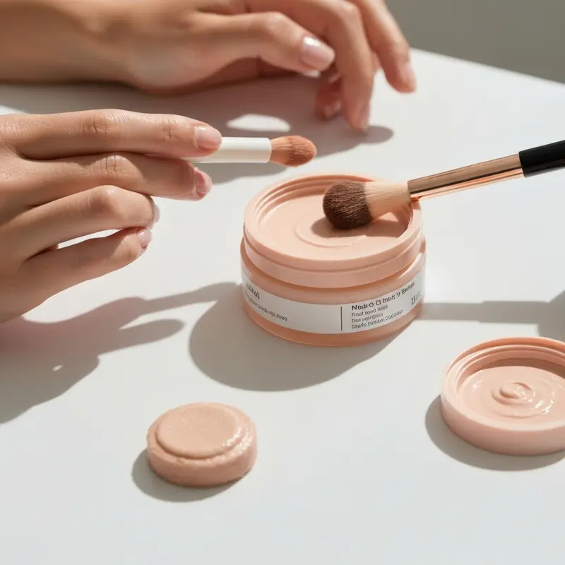 קלוז-אפ של ידיים מעצבות שיער עם שמפו יבש, בקבוק שמפו יבש בולט על שידה נקייה בחדר אמבטיה