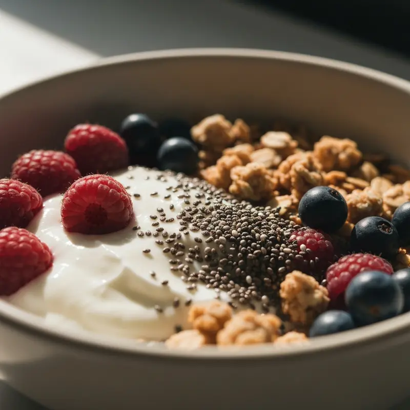 קערת יוגורט ופירות יער לבריאות מעיים