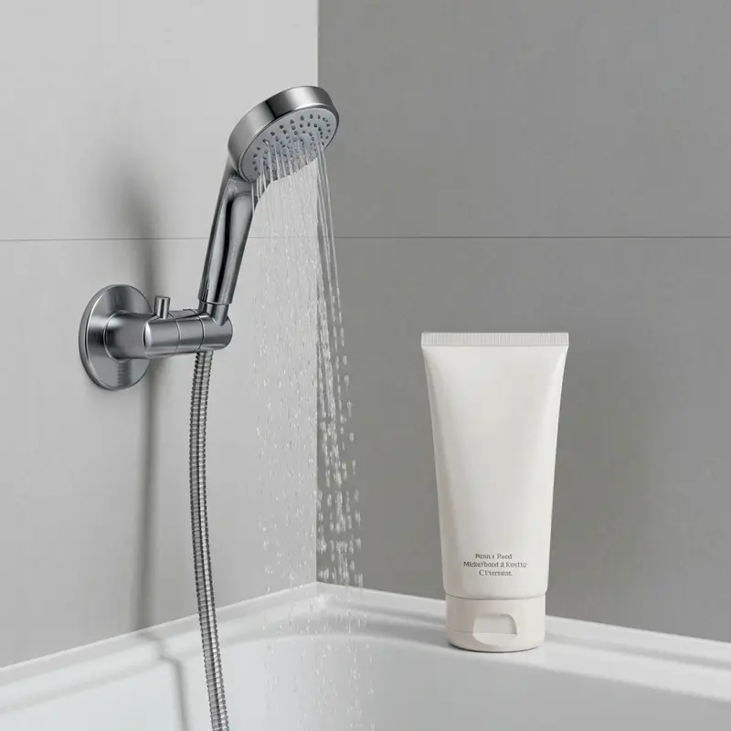 ראש מקלחת עם פילטר מים, מים זורמים, קלוז אפ על אריזת קרם לחות עשיר