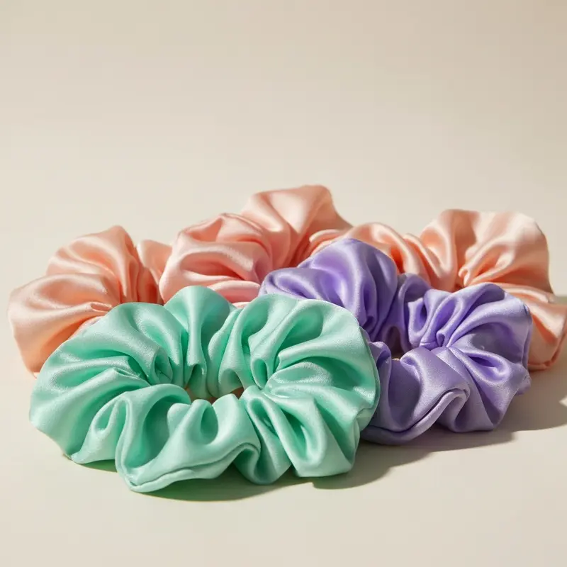 תקריב על גומיות משי וסאטן בצבעי פסטל רכים על רקע אלגנטי, מדגיש את המרקם החלק והעדין שלהן