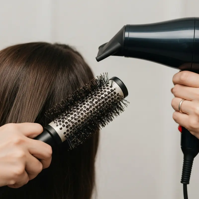 תקריב על ידיים של אישה המחזיקות מברשת עגולה ופן, מעצבות את שיערה ליצירת נפח, עם דגש על שורשי השיער.