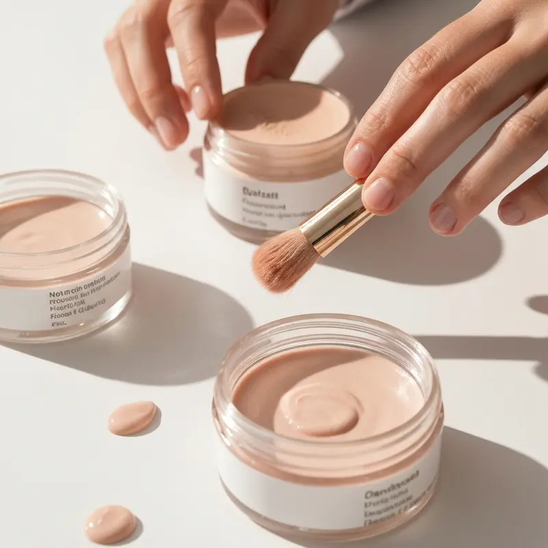 תקריב על עור גוף חלק ומטופח על הרגל או היד, עם בקבוק סרום או קרם גוף יוקרתי ברקע מטושטש.