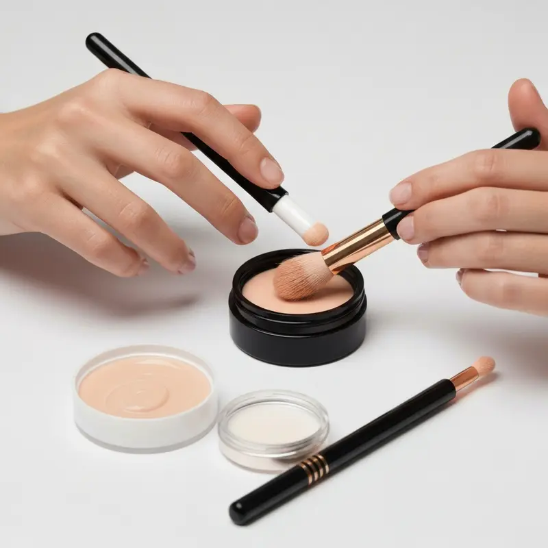 תקריב על פנים המדגים מריחת מוצר בגימור דיואי על עצמות הלחיים, ליצירת זוהר עדין.