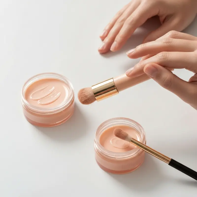 תקריב על שולחן איפור מסודר עם ארגוניות אקריליק שקופות המכילות מוצרי טיפוח ואיפור יוקרתיים