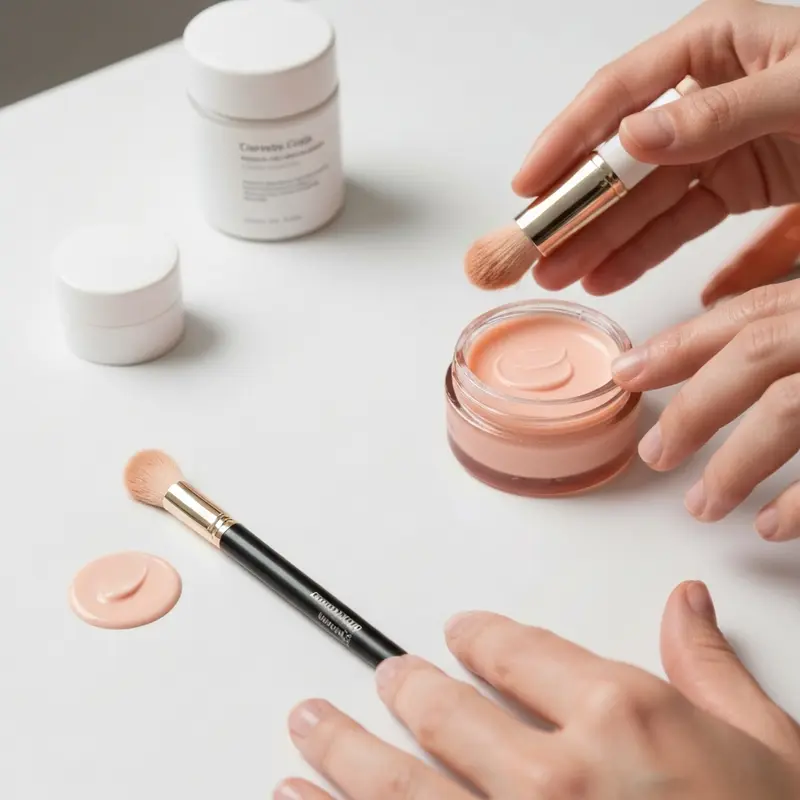 תקריב על שולחן טיפוח מסודר עם בקבוקי סרום, קרם לחות וקרם עיניים, מדגיש מוצרים חיוניים לטיפוח אחרי משמרת לילה.