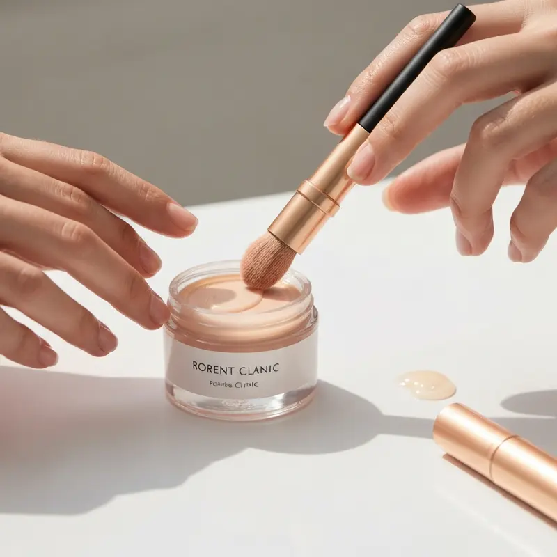 תקריב של אישה בודקת בקבוקון סרום וקוראת את רשימת הרכיבים הקוסמטיים על התווית