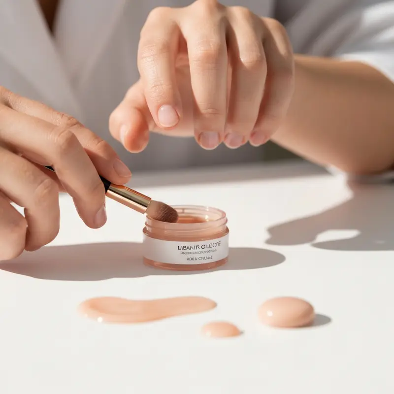 תקריב של אישה מורחת קרם לחות עדין על עור פניה, מדגיש מרקם עדין וטיפול מותאם לעור רגיש עם אקנה.