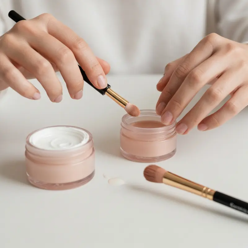 תקריב של אישה מניחה קצף ניקוי עדין על ריסיה, עם מברשת ריסים קטנה ונקייה. דגש על שגרת ניקוי עדינה לארכות ריסים.