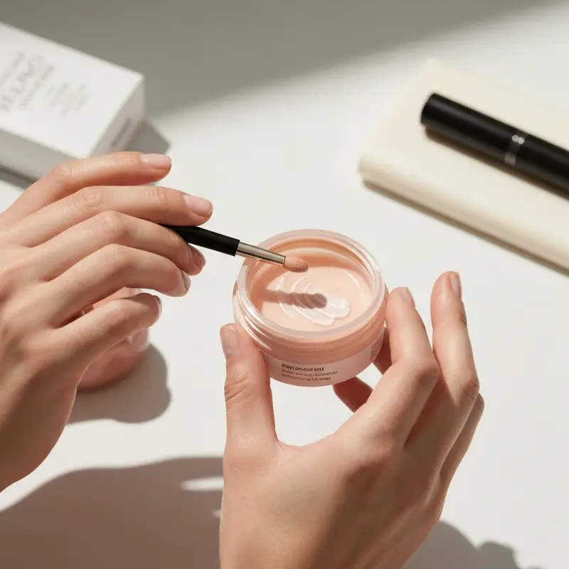 תקריב של אצבעות מורחות סרום שקוף עם טיפות מים על עור פנים עדין ואדמומי, בקבוק סרום בטשטוש ברקע