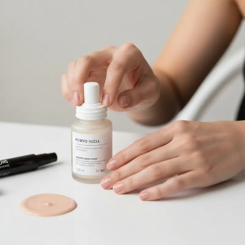 תקריב של טיפות סרום עם חומצה היאלורונית נוזלות בעדינות.