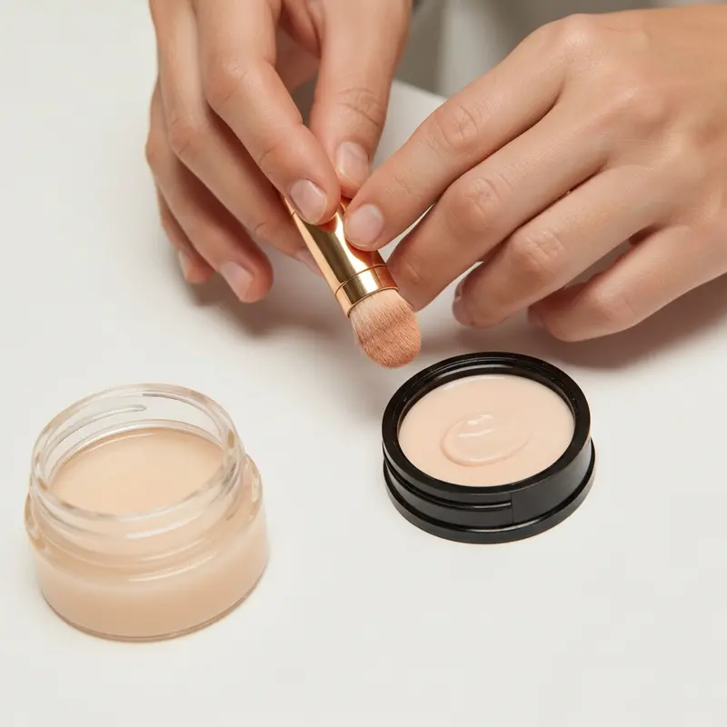 תקריב של יד אוחזת מברשת איפור סינתטית צפופה, מורחת בעדינות מייקאפ נוזלי על גב היד, תוך הדגשת מרקם חלק ואחיד.