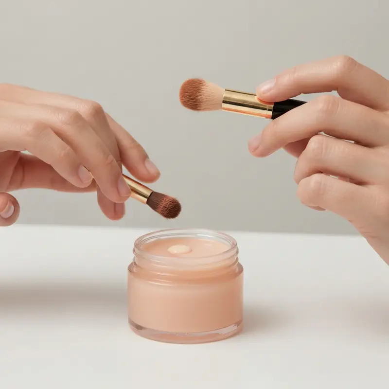 תקריב של יד אישה מניחה קרם לחות במרקם עשיר על עור פנים נקי וזוהר, עם דגש על תחושה של רוגע וטיפול עצמי, לצד מוצרי טיפוח מינימליסטיים.