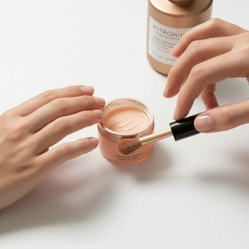 תקריב של יד מורחת מסיכת פנים, עם אוזניות אלחוטיות ברקע, ליצירת אווירת טיפוח נינוחה.