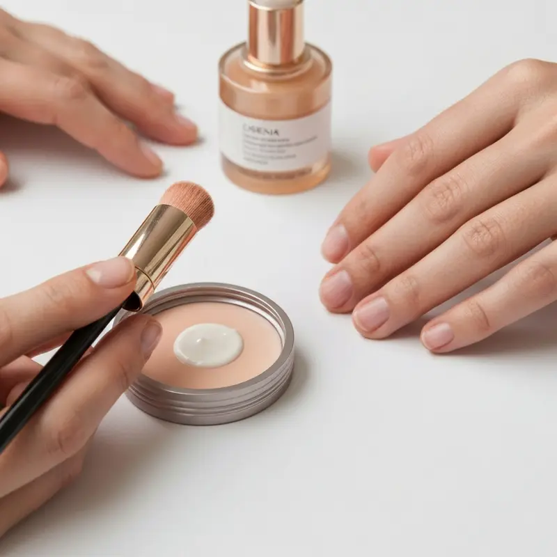 תקריב של יד מורחת קרם הגנה על אזור הצוואר, המדגיש טיפוח מניעתי נגד צוואר טק