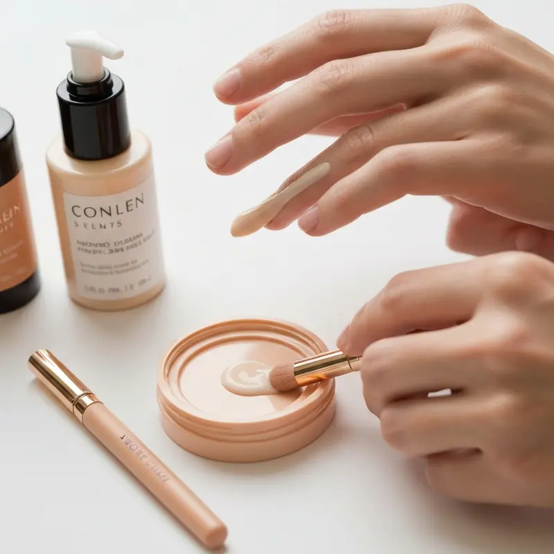 תקריב של ידיים מטופחות המורחות סרום לחות על עור פנים נקי במטוס, בקבוק סרום קטן מונח ברקע. הדגשה על מרקם עדין וספיגה.