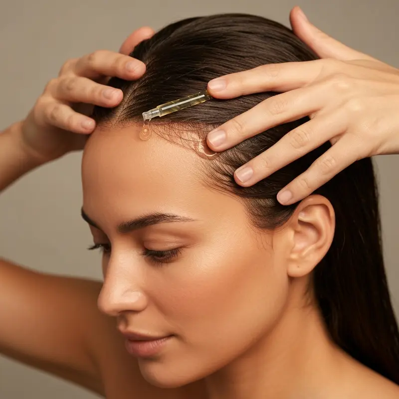 תקריב של ידיים מעסות בעדינות קרקפת עם סרום טיפוח, מראה של רוגע ושגרה.