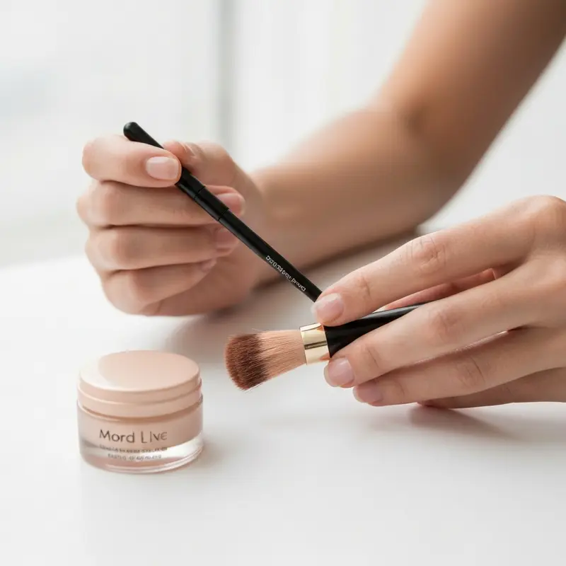 תקריב של כלי גואה שה מונח על בקבוקון שמן פנים על משטח שיש יוקרתי