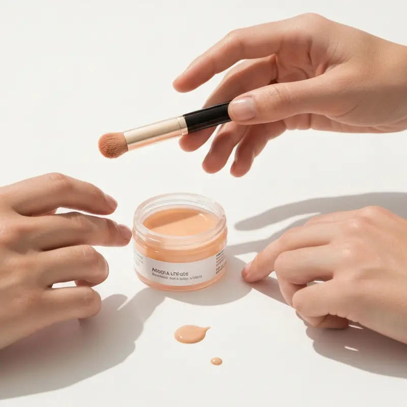 תקריב של מברשת איפור עדינה מניחה צללית בהירה על עפעף, הממחיש טכניקת איפור נכונה לעיניים רגישות.