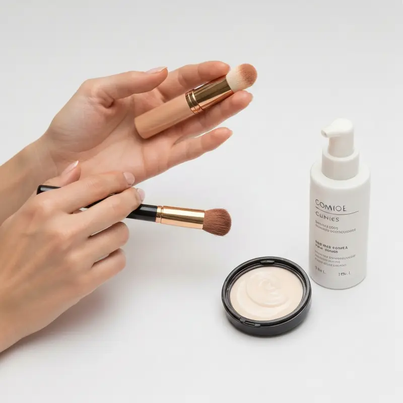 תקריב של מוצרי טיפוח מובחרים (שמפו סגול, מסכה מזינה, סרום) המונחים על משטח שיש בהיר, מוכנים לשימוש לטיפוח שיער אפור.