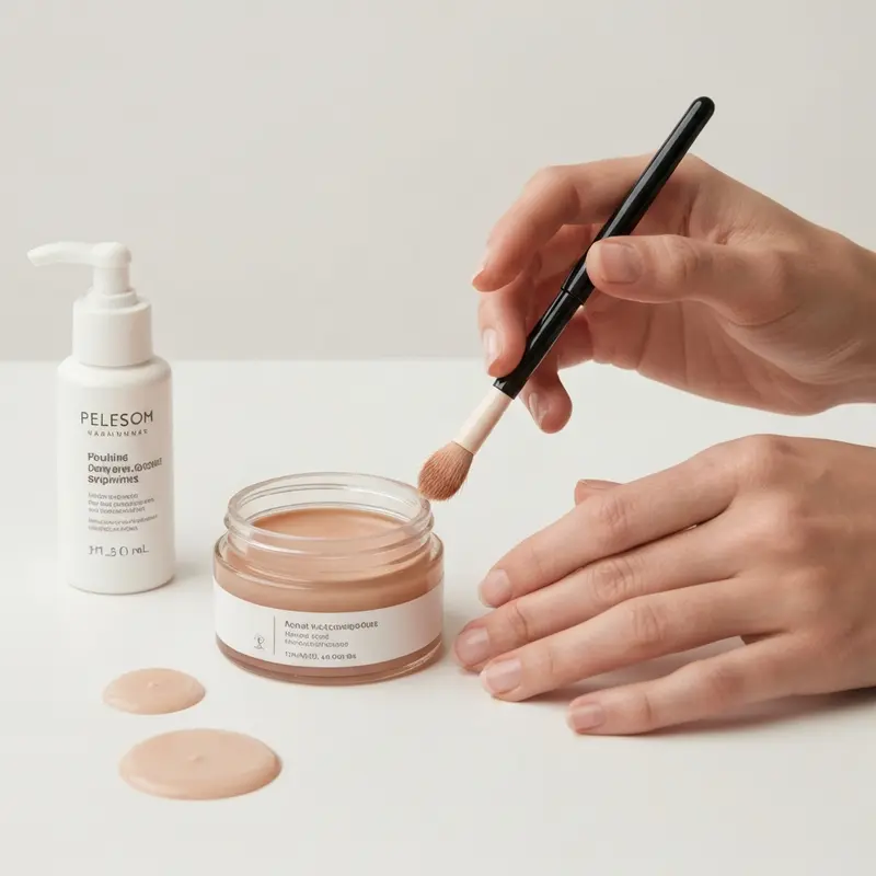 תקריב של מוצרי טיפוח פנים עדינים וקלילים, כמו סרום לחות וקרם הגנה, המומלצים לטיפול ב-Maskne