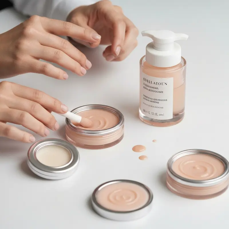 תקריב של מייקאפ המוצג על עור פנים חלק וזוהר, המדגיש מרקם אחיד הודות לטיפוח.