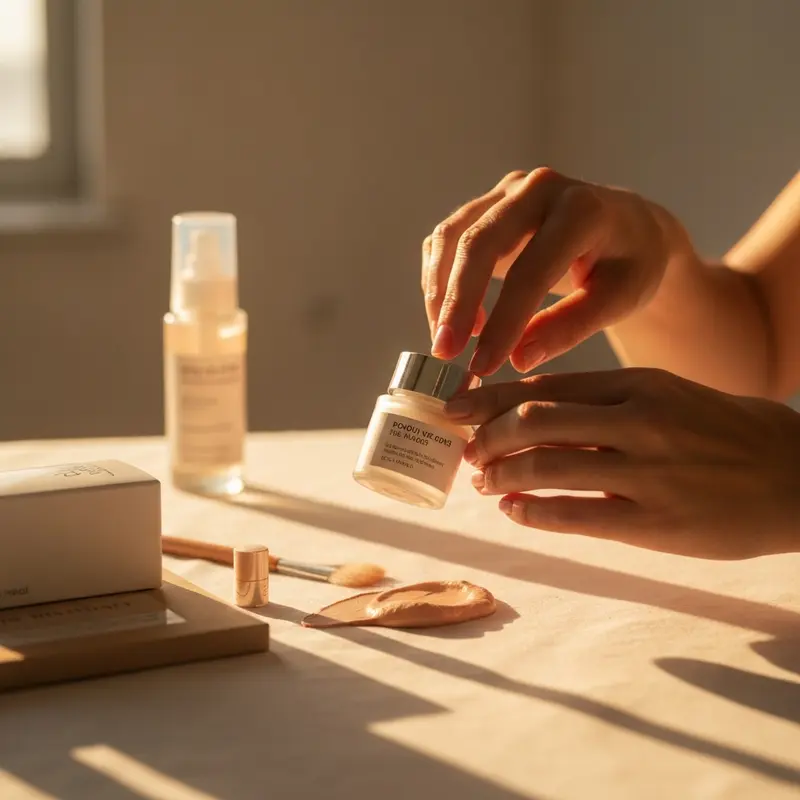 תקריב של מרקם סרום ויטמין C על קצות אצבעות, מוכן למריחה על עור הפנים.