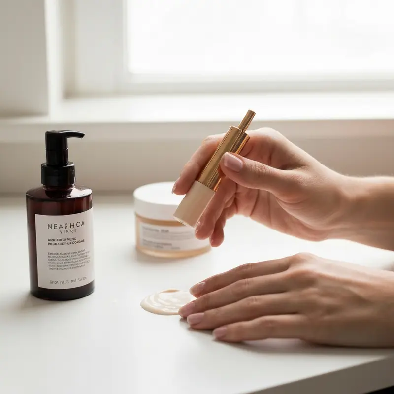 תקריב של מרקם קרם יוקרתי המיועד למיצוק צוואר ועיצוב קו לסת.