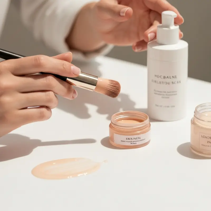 תקריב של ספוגית איפור לחה מוכנה לשימוש על משטח שיש בהיר, עם מוצרי ביוטי מטושטשים ברקע