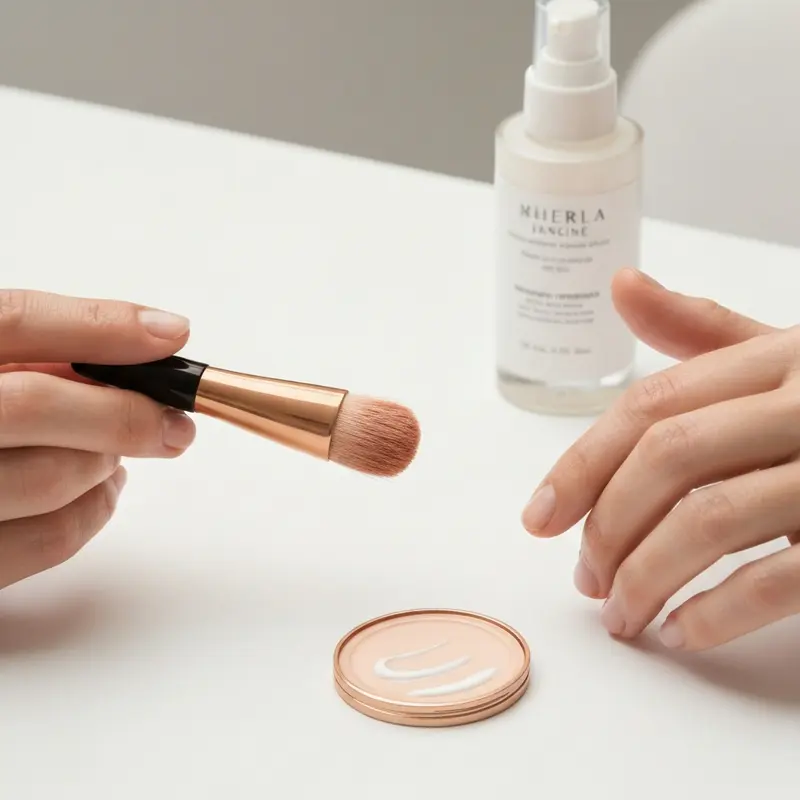 תקריב של פני אישה מאופרת קלות, מדגימה שימוש נכון בקונסילר לאזור העיניים