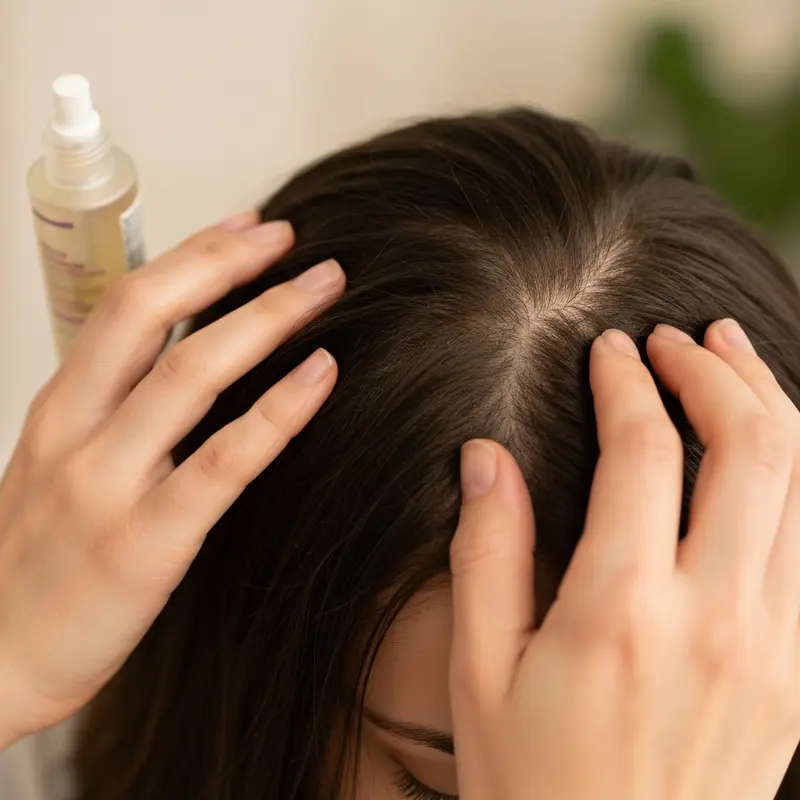 תקריב של קרקפת אישה עם שיער דליל בראשה, מטפלת בעדינות בסרום מחזק, כדי להמחיש התמודדות עם נשירת שיער