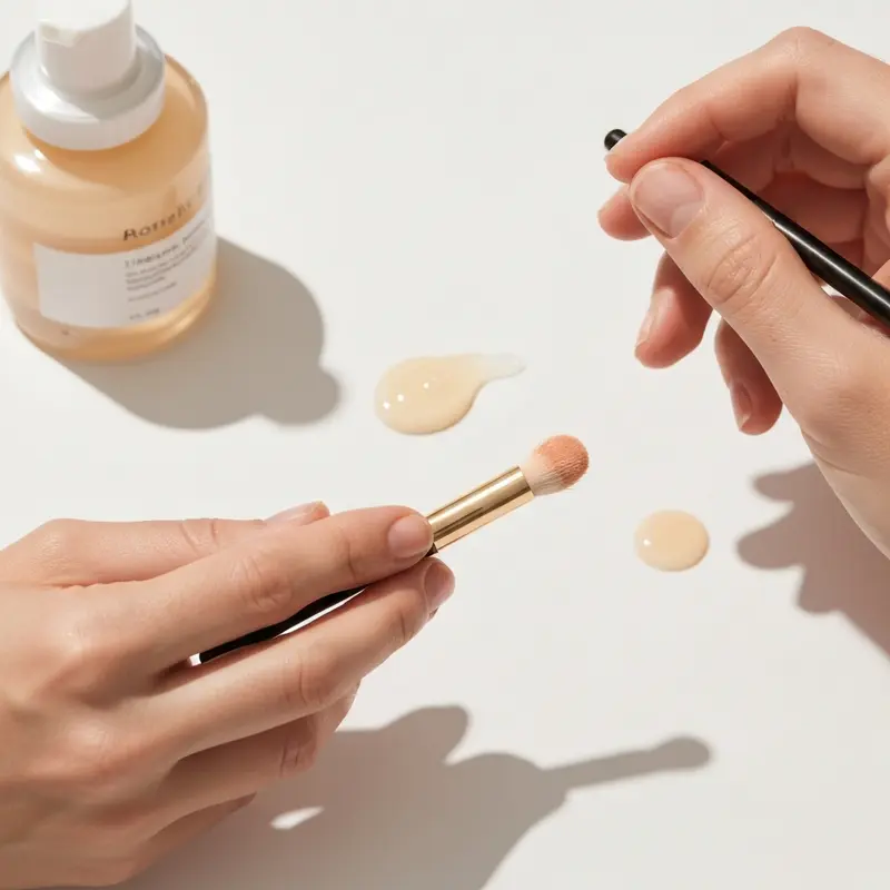 תקריב של שגרת טיפוח שיער, יד המורחת סרום מגן על שיער מבריק, על רקע אורבני מטושטש.