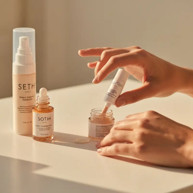 תקריב של שכבות מוצרי טיפוח קלילים (סרום, קרם לחות, SPF) על משטח נקי.