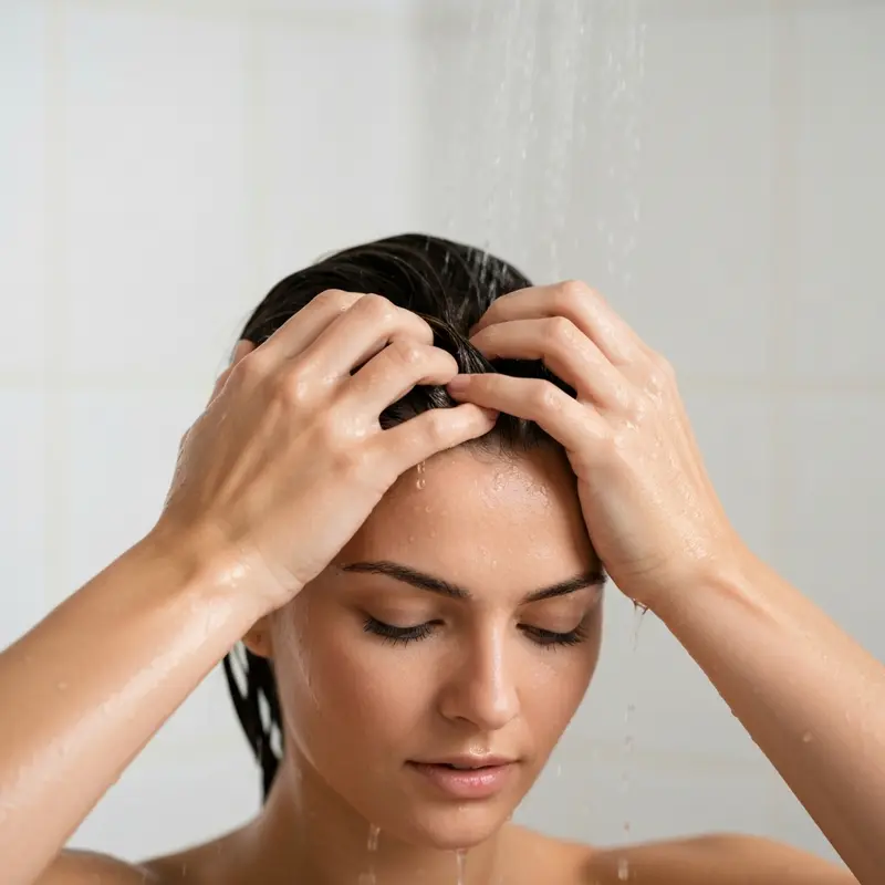 אישה מעסה את הקרקפת עם פילינג תחת זרם מים במקלחת