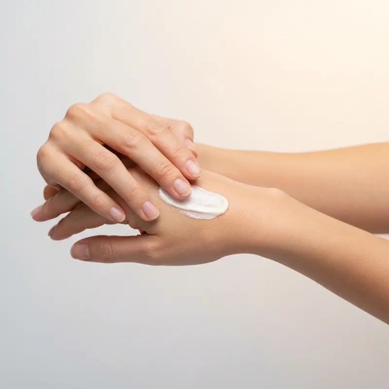 ידיים של אישה מבוגרת מורחות קרם לחות קליל עם SPF גבוה על עור יבש, על רקע קיצי.