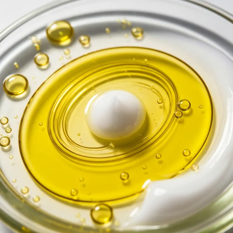 מרקם של שמן פנים זהוב עשיר בחומצות שומן על משטח זכוכית נקי