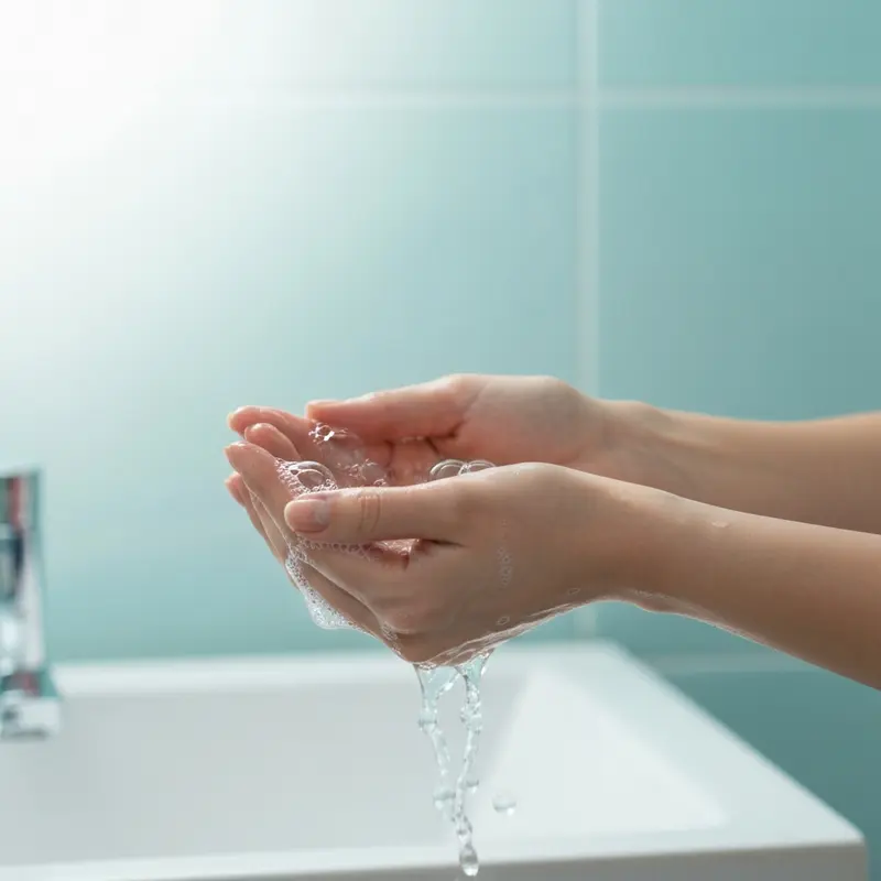צילום תקריב של ידיים נשיות שוטפות פנים עם מים ובועות סבון עדינות