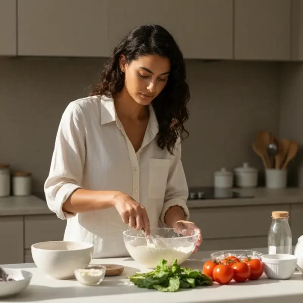 אישה אופה עוגה עם טיפים לאפייה מוצלחת במטבח מעוצב