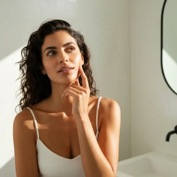 אישה בודקת איך לבדוק סוג עור במראה