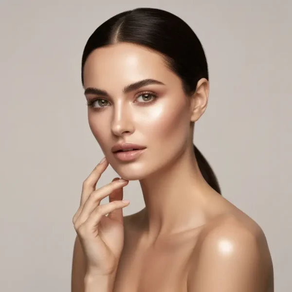 אישה בעלת עור פנים מטופח וזוהר, מביטה מעלה, עם דגש על מניעת קמטי מסך וצוואר טק