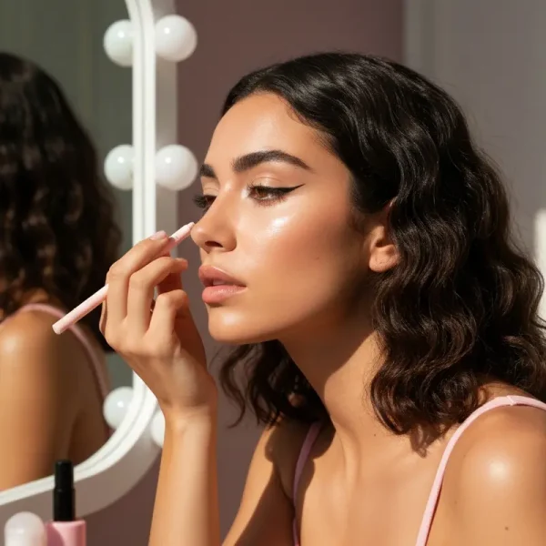 אישה יפה מורחת טרנדים באיפור 2026 עם עור זוהר